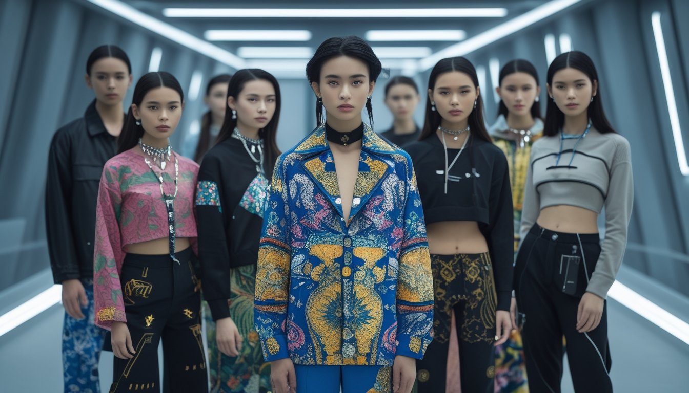 Sekelompok model muda Indonesia mengenakan pakaian modis terbaru di lingkungan perkotaan modern.