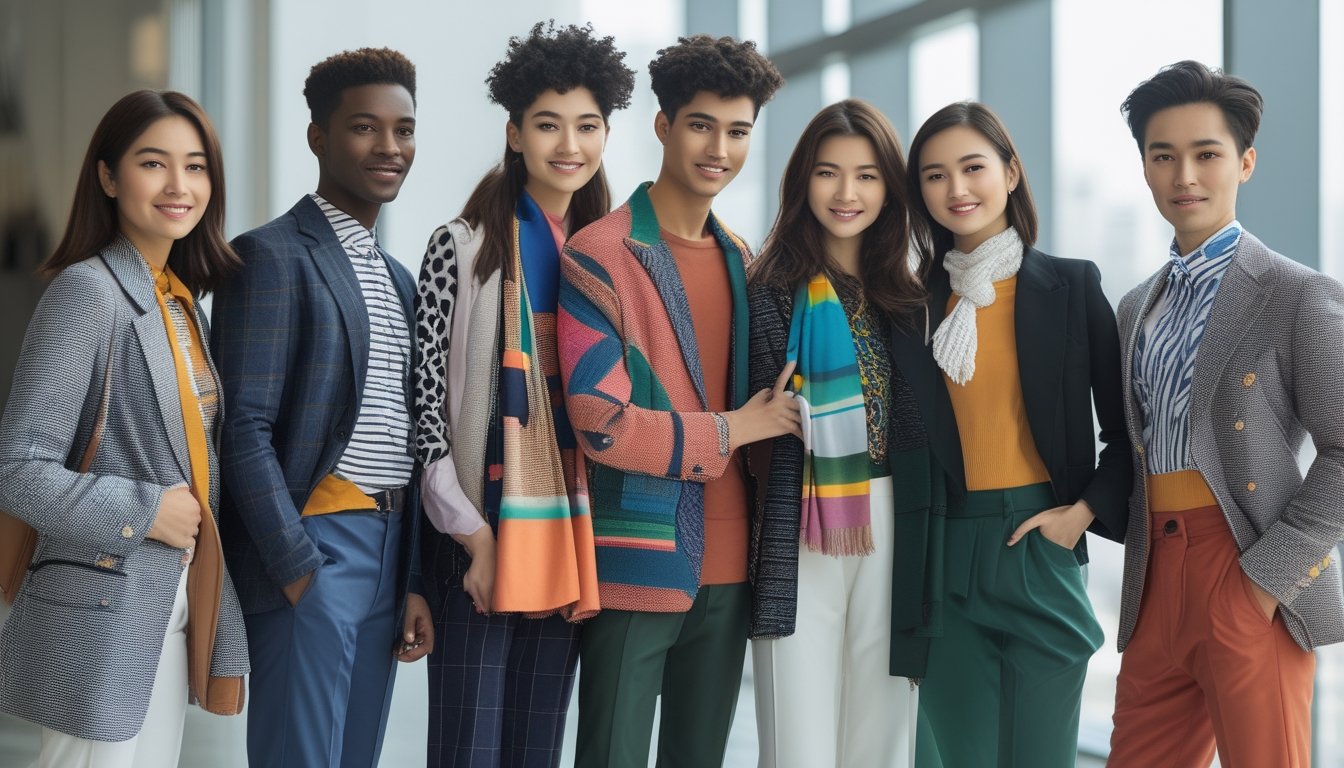 Sekelompok orang muda bergaya berpakaian modis dengan warna dan pola yang serasi, berdiri bersama di luar ruangan dengan ekspresi percaya diri.