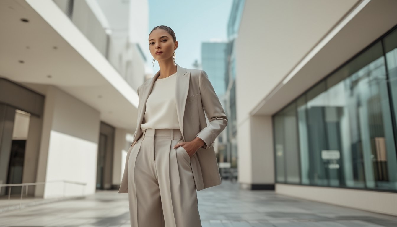 Seorang model berdiri di lingkungan perkotaan modern mengenakan pakaian minimalis yang elegan dan mewah.