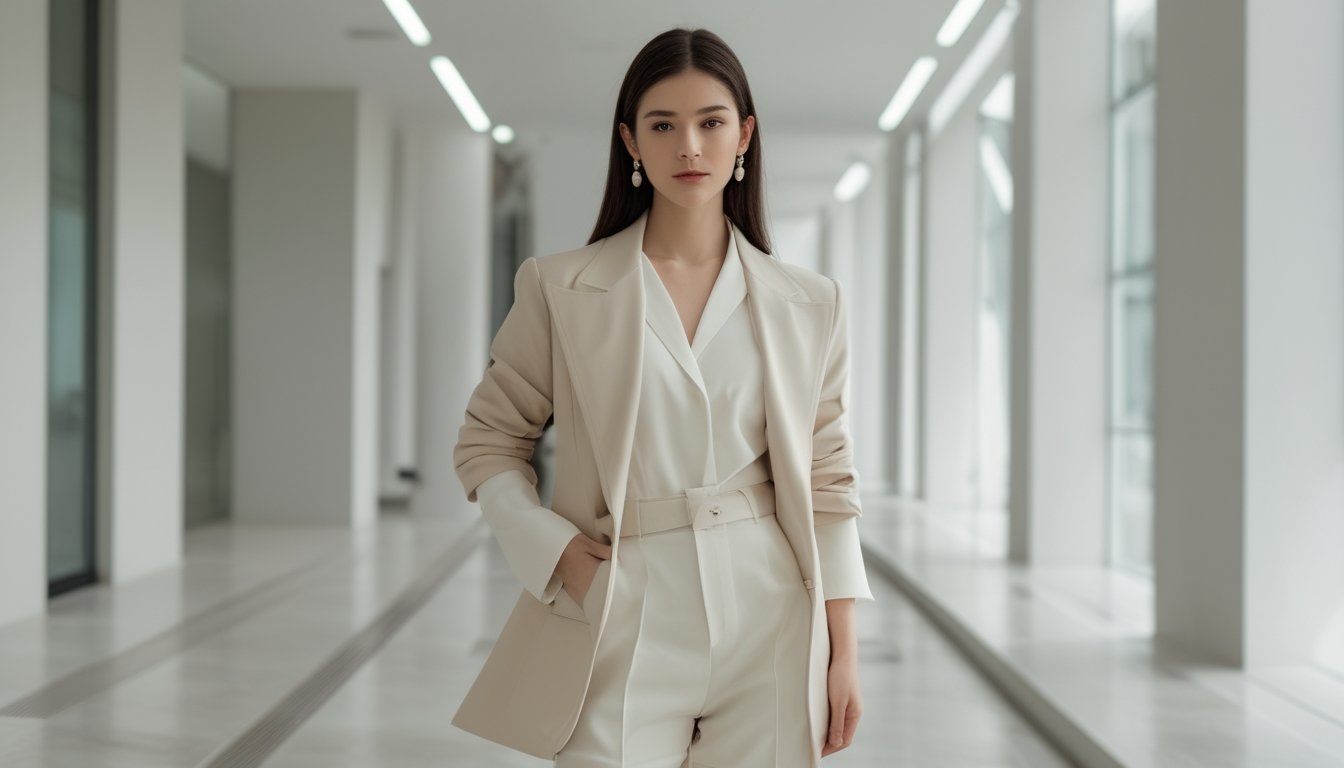 Seorang wanita muda berdiri di lingkungan perkotaan dengan pakaian sederhana dan elegan, latar belakang arsitektur modern dan pencahayaan alami.