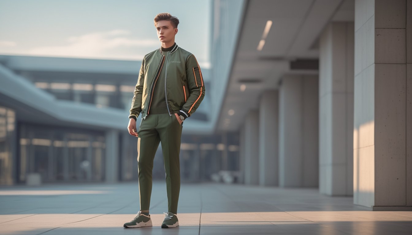 Seorang pria muda berdiri di lingkungan perkotaan dengan pakaian modern dan gaya rambut rapi, menunjukkan tren fashion pria tahun 2026.