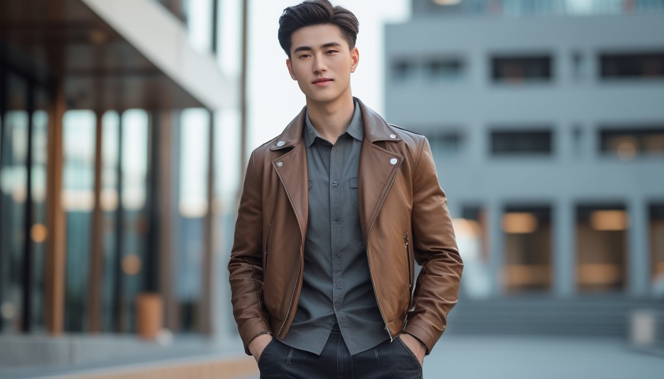 Seorang pria muda berdiri di luar ruangan dengan latar belakang arsitektur modern, mengenakan jaket kulit dan celana jeans, terlihat percaya diri dan maskulin.