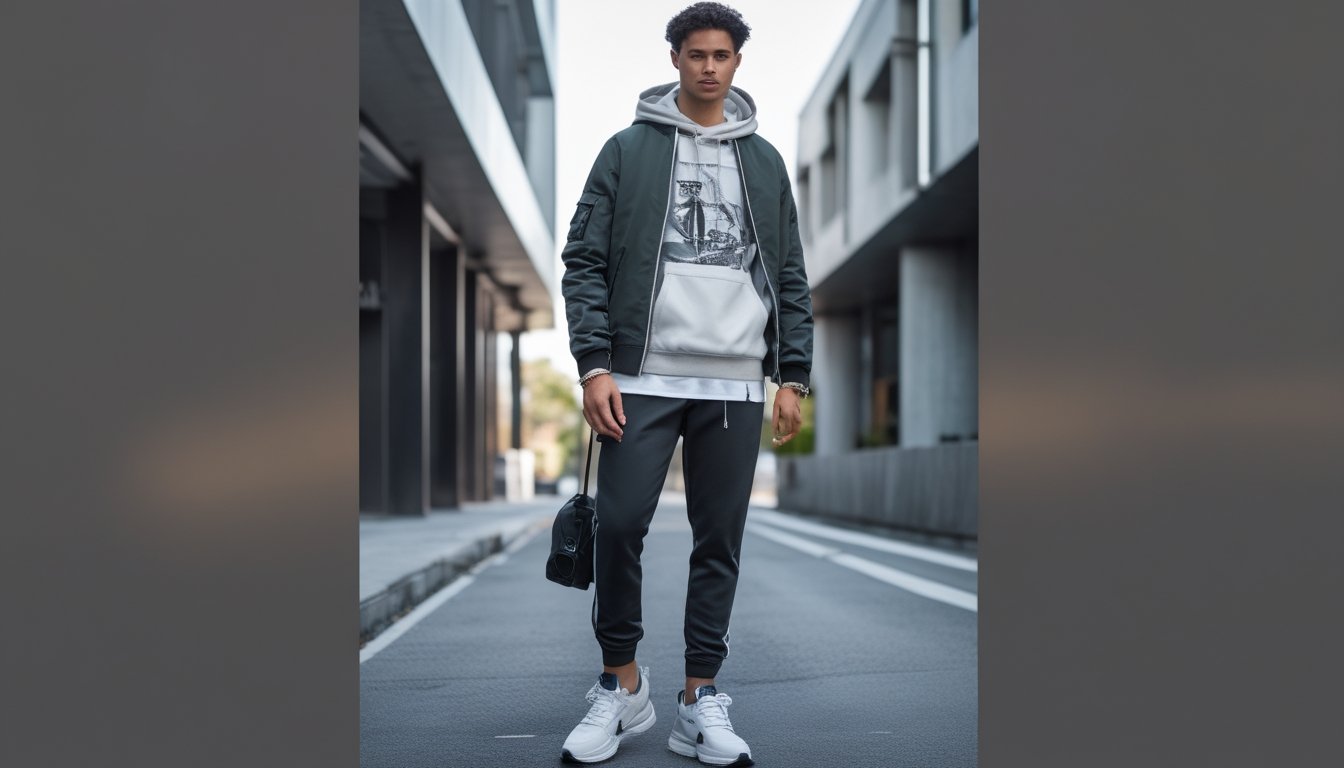 Seorang pria muda berdiri di jalan kota dengan pakaian kasual dan modern, mengenakan jaket dan celana jogger, dengan latar belakang bangunan perkotaan.