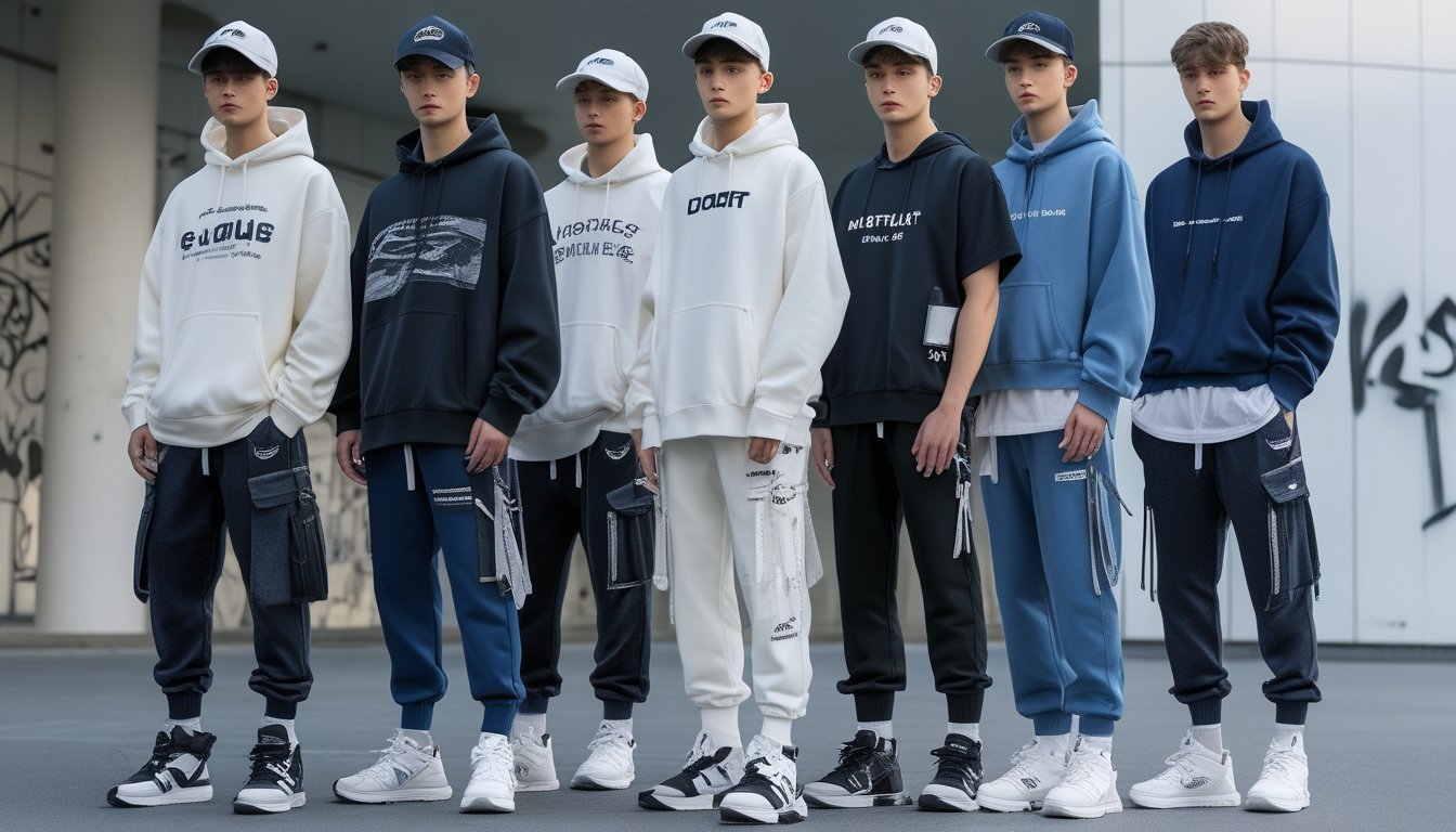 Sekelompok pria muda mengenakan pakaian streetwear modern berdiri di lingkungan perkotaan dengan latar belakang dinding graffiti dan jalan kota.