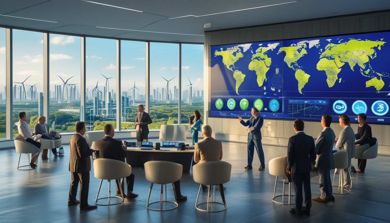 Sekelompok politisi dan ahli lingkungan sedang berdiskusi di ruang konferensi modern dengan layar digital menampilkan peta dunia dan data energi terbarukan, latar belakang kota dengan infrastruktur energi bersih terlihat dari jendela.