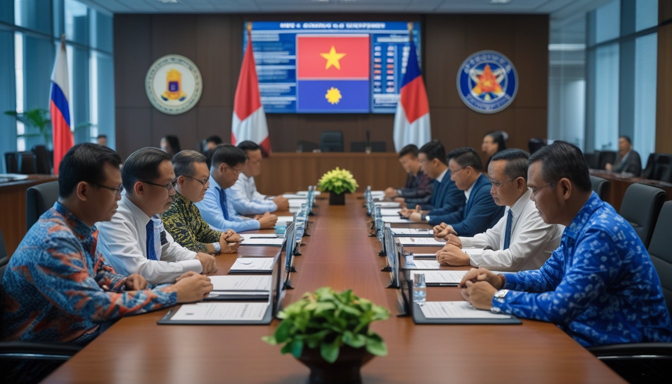 Sekelompok pejabat dan pegawai negeri Indonesia sedang berdiskusi serius di ruang rapat modern dengan layar digital dan bendera Indonesia di latar belakang.