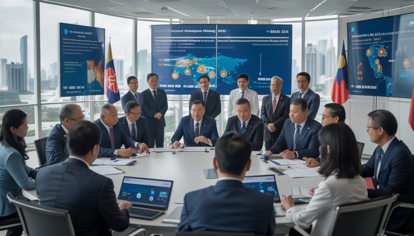 Sekelompok politisi dan diplomat Asia Tenggara sedang berdiskusi di ruang rapat modern dengan peta dan grafik digital yang menunjukkan aliansi, konflik, dan kerja sama regional.