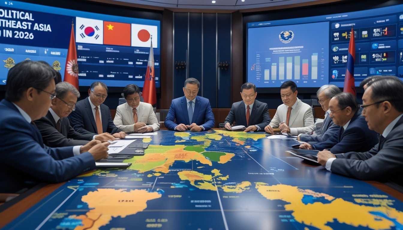 Sekelompok pemimpin politik Asia Tenggara sedang berdiskusi di ruang rapat dengan peta dan layar digital yang menampilkan wilayah dan simbol kerja sama serta konflik.