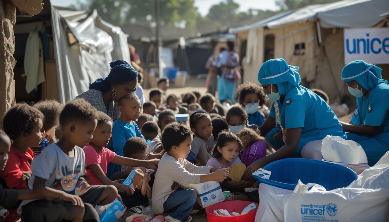 Anak-anak dari berbagai latar belakang menerima bantuan dari pekerja UNICEF dalam lingkungan yang aman dan penuh perhatian.