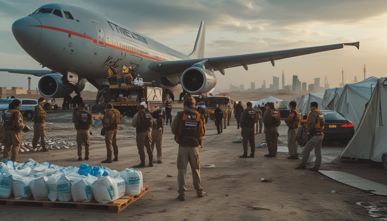 Sekelompok pekerja bantuan kemanusiaan sedang memuat pasokan ke pesawat kargo di area yang tampak terkena dampak konflik dengan bangunan rusak di latar belakang.