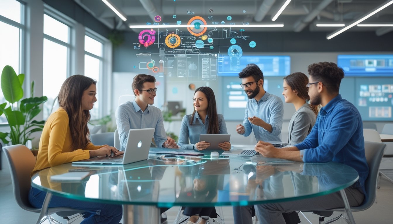 Sekelompok profesional muda sedang bekerja sama di ruang kantor modern dengan perangkat digital dan layar holografik yang menampilkan ide-ide kreatif.