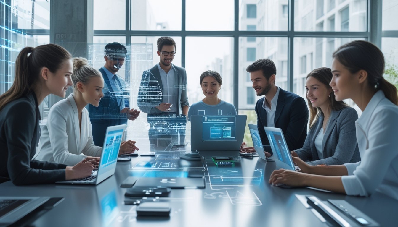 Sekelompok profesional muda sedang bekerja bersama di ruang kantor modern dengan perangkat digital dan layar holografik yang menampilkan ide-ide kreatif.
