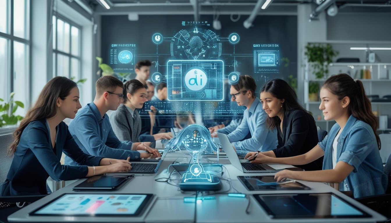 Sekelompok profesional muda bekerja sama di ruang kerja modern dengan laptop dan perangkat digital, dikelilingi oleh elemen teknologi AI yang melayang di udara.