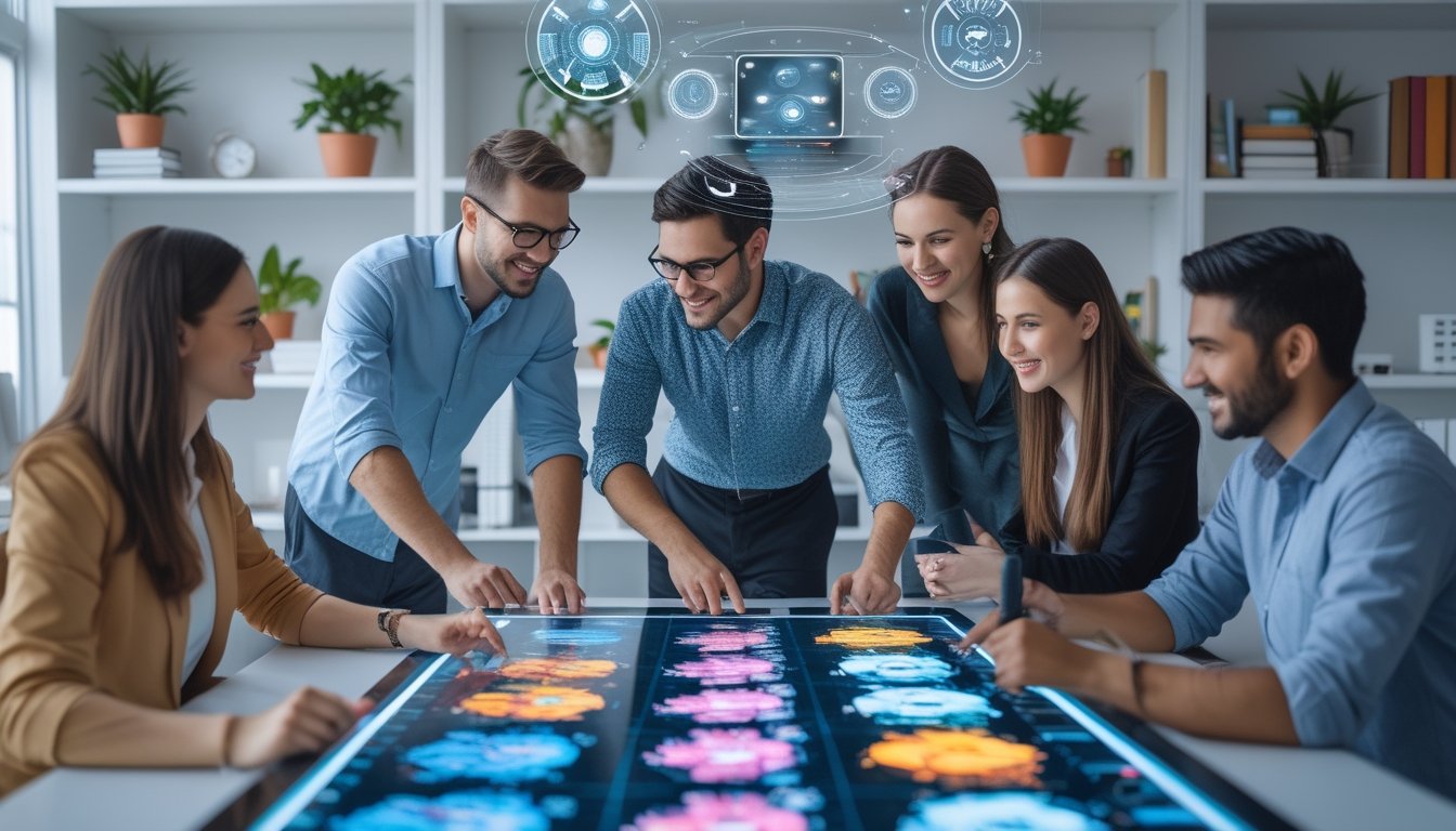 Sekelompok profesional muda bekerja sama di ruang kerja modern dengan layar sentuh digital dan antarmuka holografik yang menunjukkan alat kecerdasan buatan untuk kreativitas.