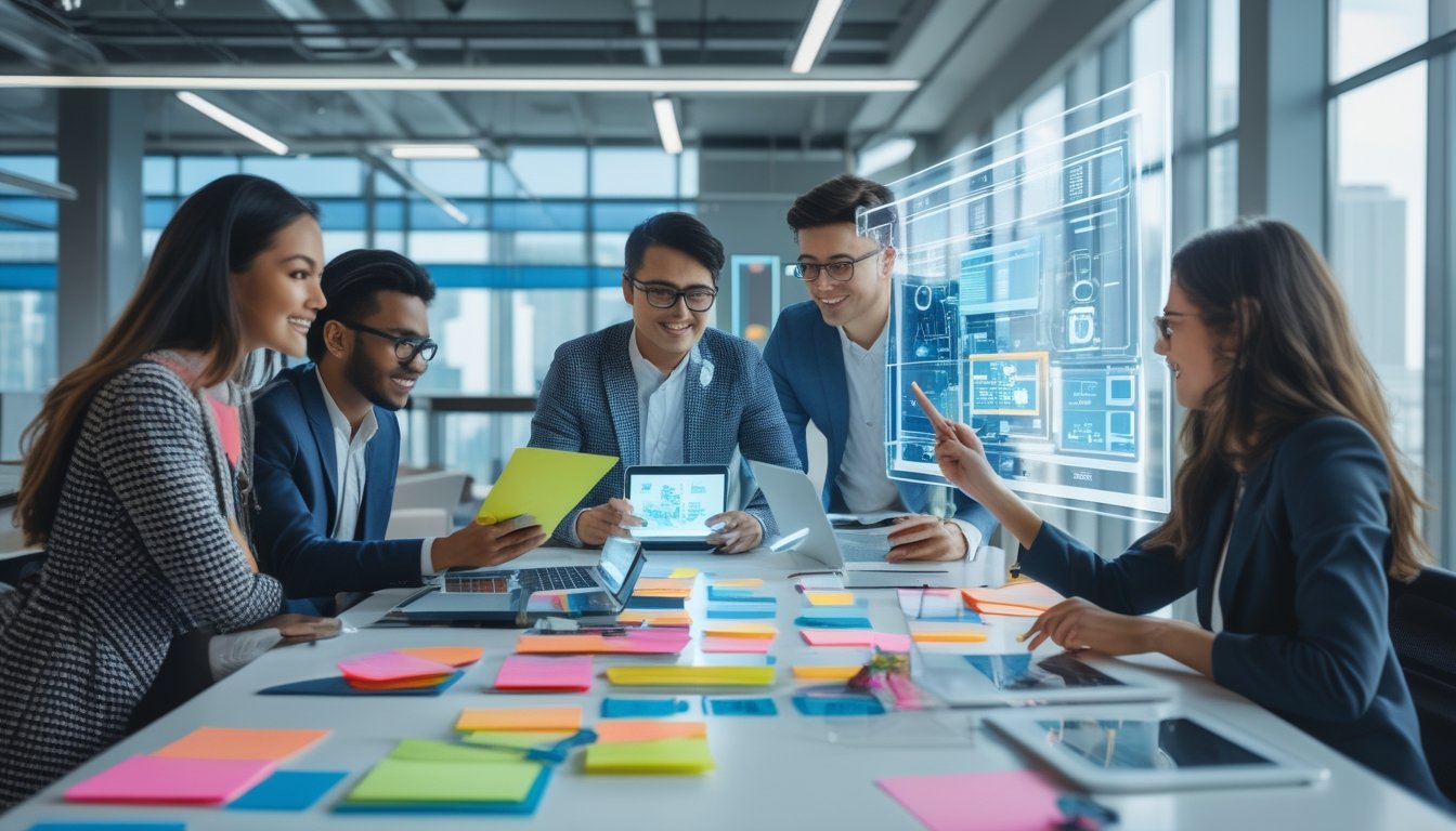 Sekelompok profesional muda bekerja sama di kantor modern dengan perangkat digital dan layar holografik, menunjukkan kreativitas dan teknologi.
