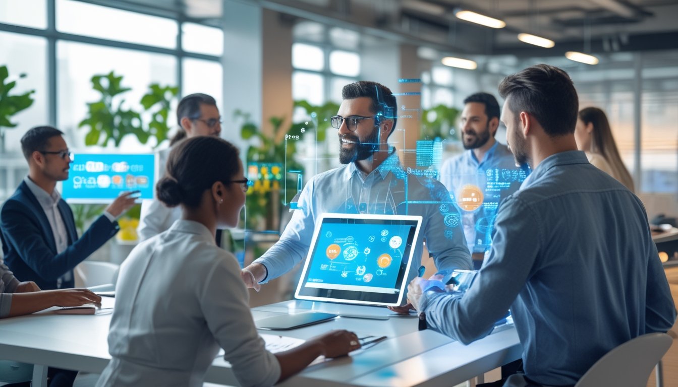 Sejumlah profesional bekerja bersama di ruang kerja modern dengan perangkat digital futuristik, berkolaborasi dan belajar dalam suasana yang cerah dan dinamis.