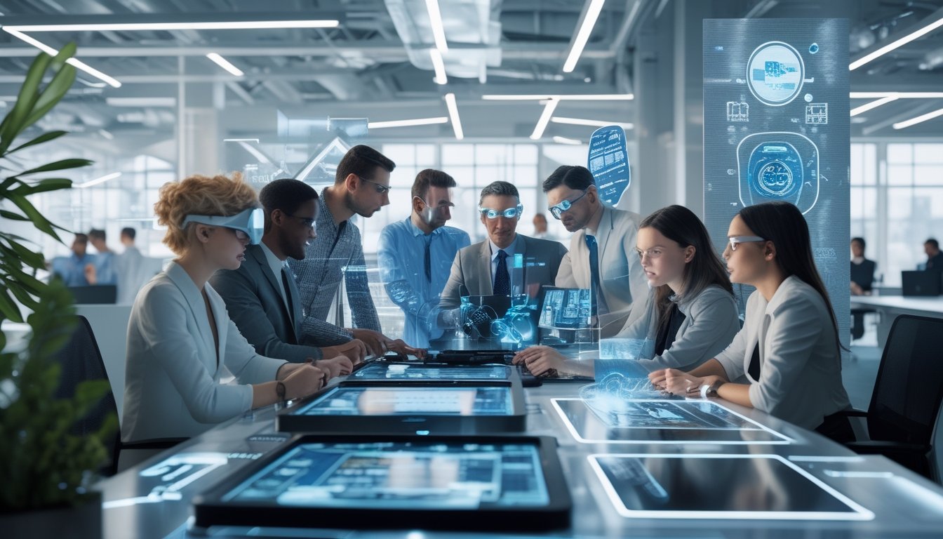 Sejumlah profesional bekerja bersama di kantor modern dengan teknologi canggih dan alat digital yang futuristik.