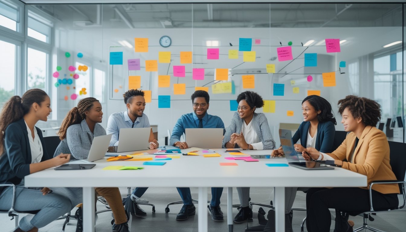 Sekelompok profesional muda sedang berdiskusi dan bekerja sama di ruang kantor yang terang dan modern dengan alat digital dan catatan warna-warni.