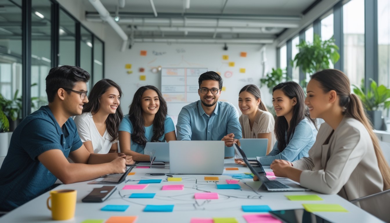 Sekelompok profesional muda sedang bekerja sama di ruang kantor terbuka dengan perangkat digital dan catatan kreatif di meja.