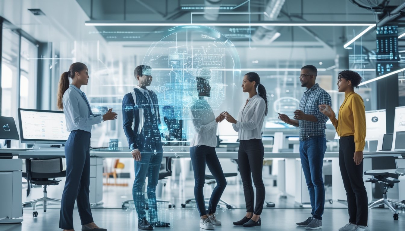 Sekelompok profesional bekerja sama di kantor modern dengan teknologi canggih dan layar holografik, menunjukkan kolaborasi antara manusia dan AI dalam inovasi.