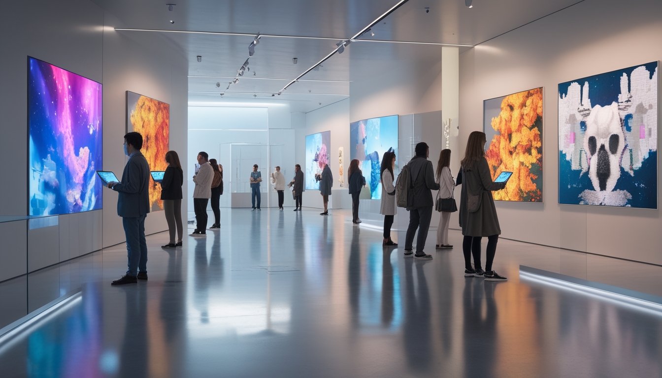 Interior galeri seni modern dengan pengunjung yang melihat karya seni digital dan patung interaktif.