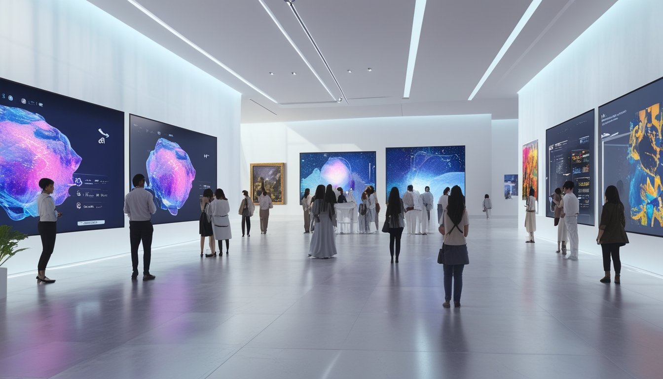 Pengunjung beragam usia dan etnis sedang menikmati galeri seni modern dengan layar digital dan instalasi realitas tertambah.