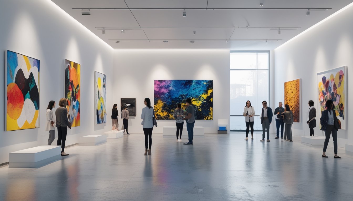 Interior galeri seni modern dengan pengunjung yang melihat lukisan dan patung di ruang yang terang dan luas.