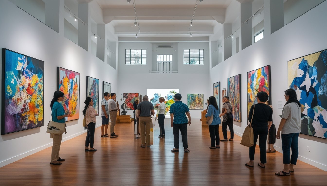 Interior galeri seni dengan lukisan dan patung modern, beberapa pengunjung mengamati karya seni.