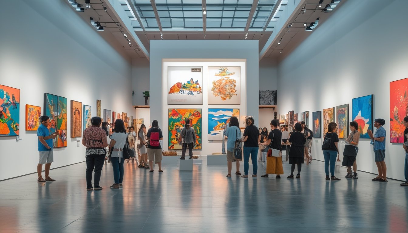 Pengunjung sedang melihat berbagai karya seni di dalam galeri seni modern yang terang dan luas.