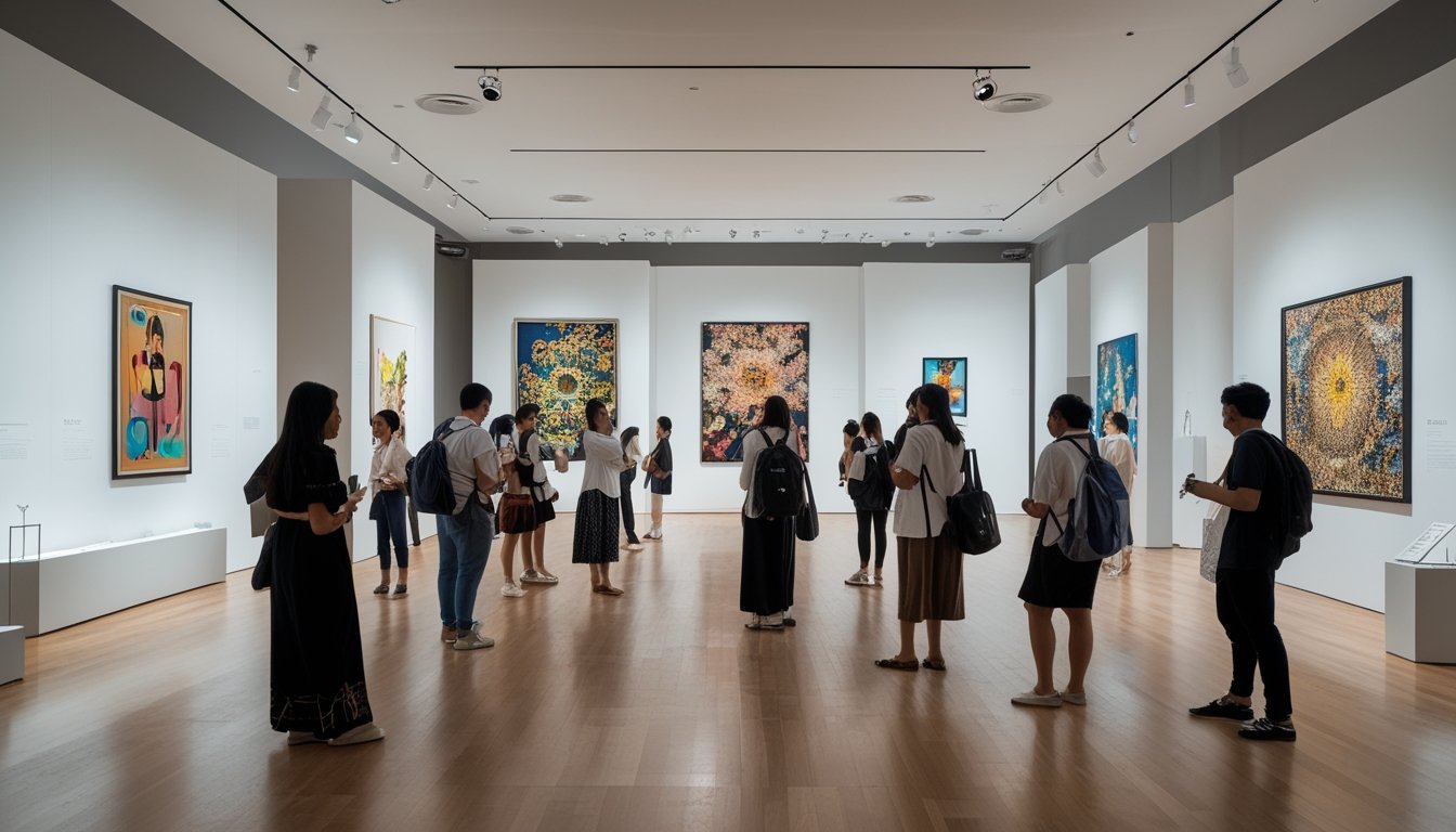 Pengunjung melihat berbagai karya seni kontemporer di sebuah galeri seni modern di Indonesia.
