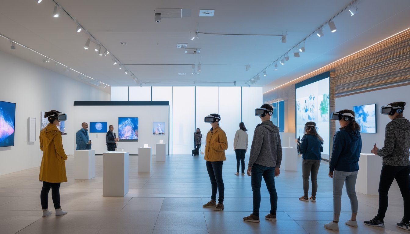 Pengunjung di galeri seni modern memakai headset realitas virtual dan berinteraksi dengan karya seni holografik di ruang pamer yang terang dan luas.