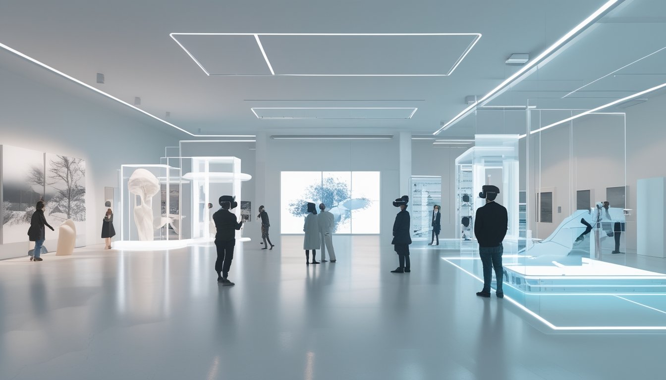 Pengunjung di galeri seni modern menggunakan headset VR dan melihat karya seni digital serta fisik dalam ruang pamer yang futuristik.