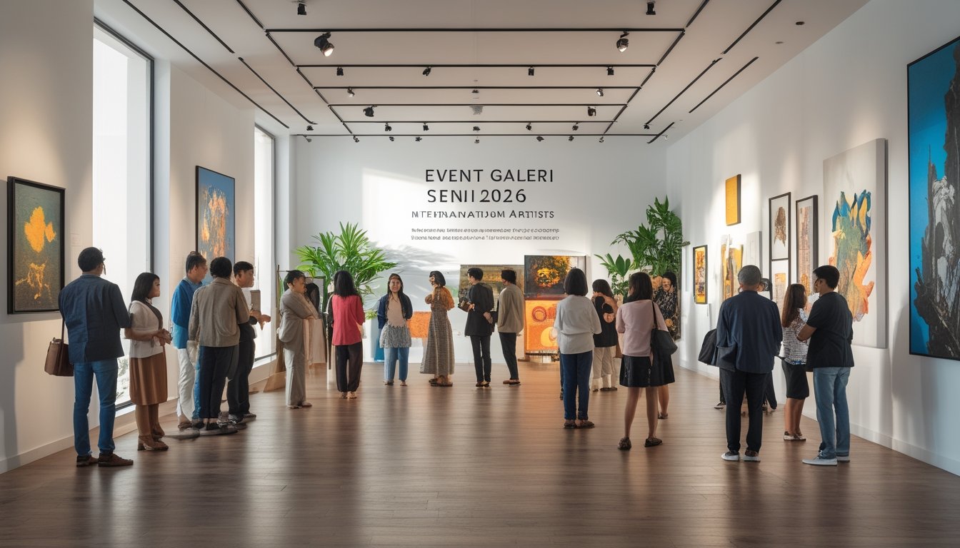 Orang-orang mengamati karya seni di dalam galeri seni yang modern dan terang dengan berbagai lukisan dan patung.