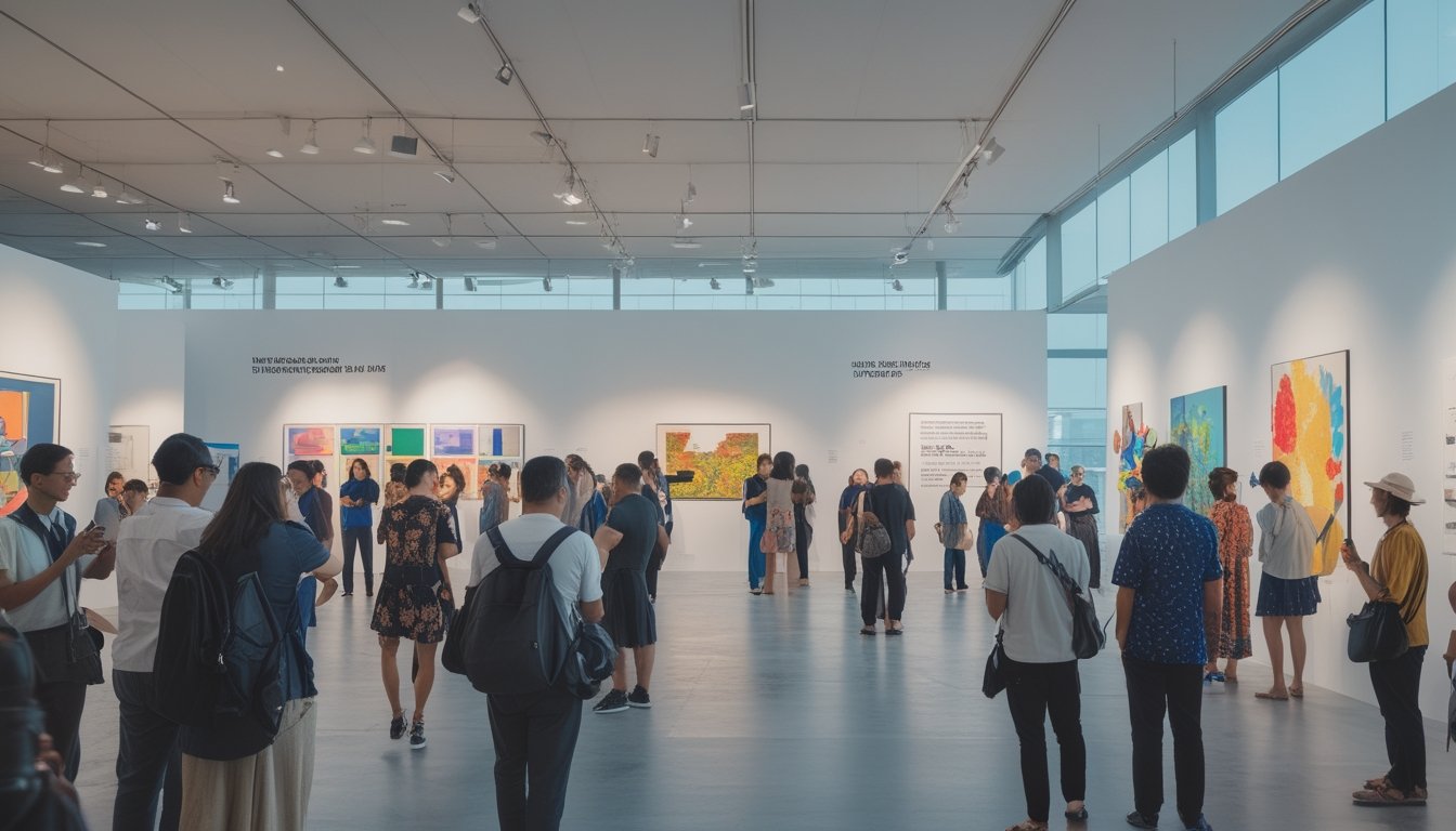 Suasana acara galeri seni di Asia Tenggara dengan pengunjung dan seniman internasional yang mengamati karya seni di dalam ruangan galeri yang terang dan modern.
