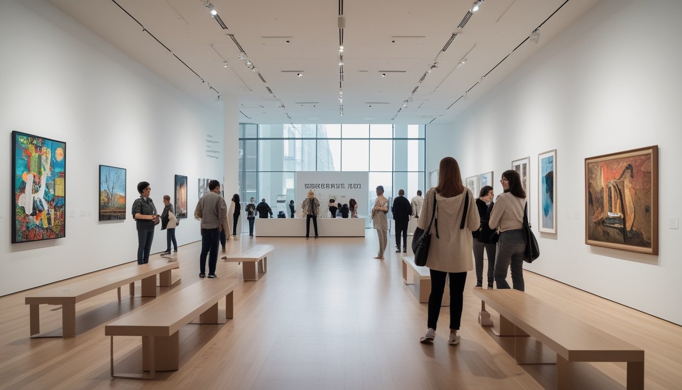 Interior galeri seni modern dengan pengunjung melihat berbagai karya seni di dinding dan ruang pamer yang terang dan luas.