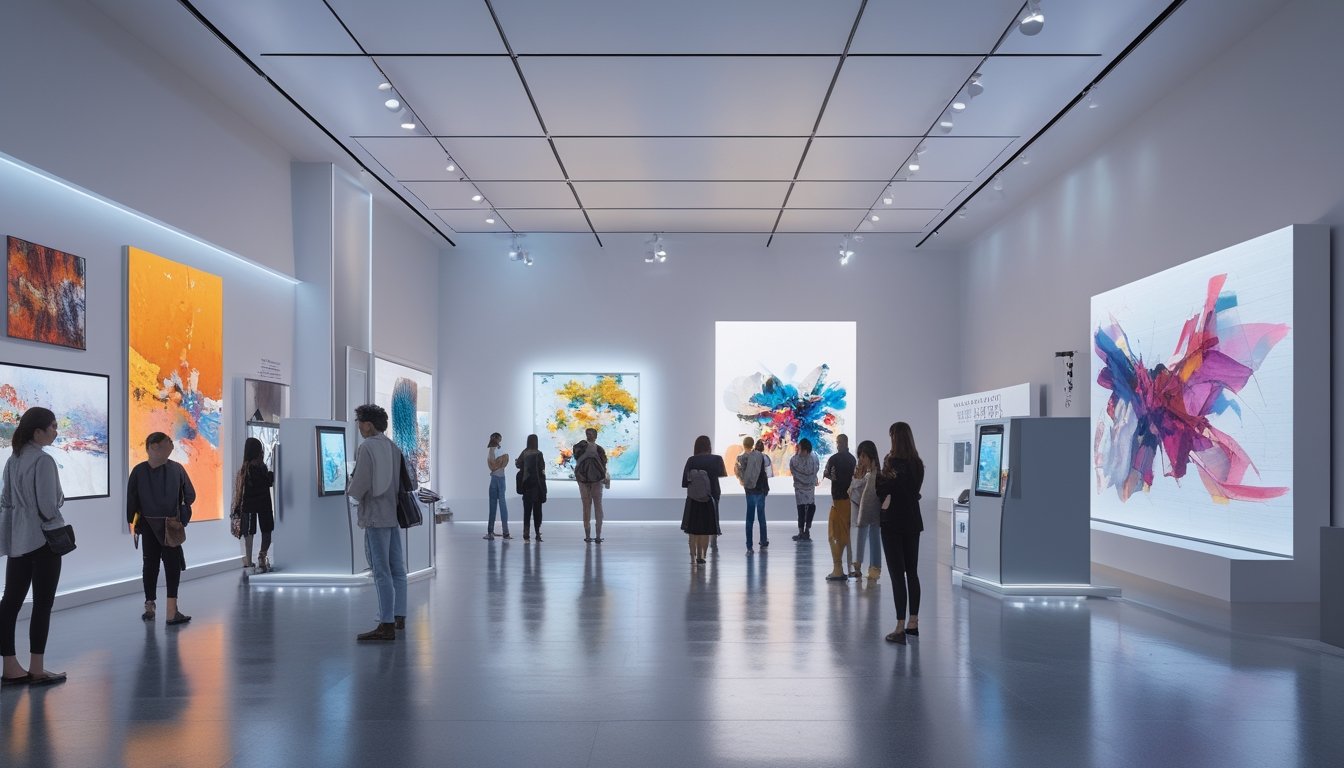 Pengunjung di galeri seni modern dengan layar digital dan perangkat interaktif yang menampilkan karya seni kontemporer.