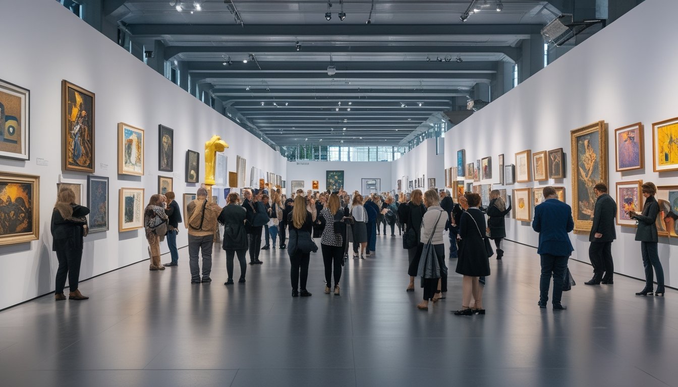 Pengunjung sedang melihat berbagai karya seni di pameran galeri seni di Eropa dengan suasana ramai dan pencahayaan terang.