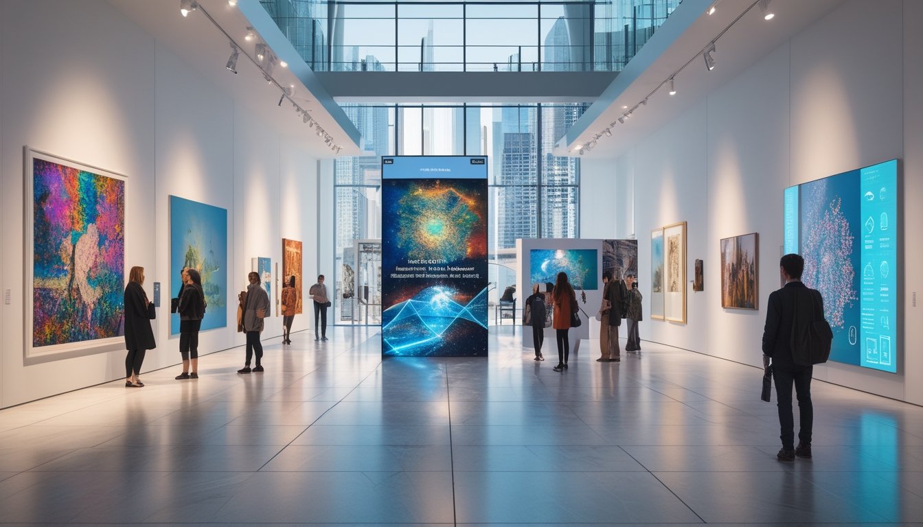 Pengunjung di galeri seni modern yang menggabungkan karya seni fisik dan elemen digital futuristik dengan latar belakang pemandangan kota.