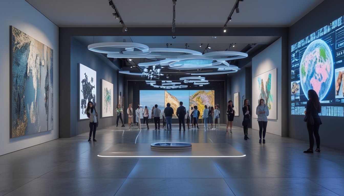 Interior galeri seni modern dengan karya seni fisik dan tampilan digital futuristik, menampilkan orang-orang yang berinteraksi dengan seni tradisional dan teknologi seni digital.