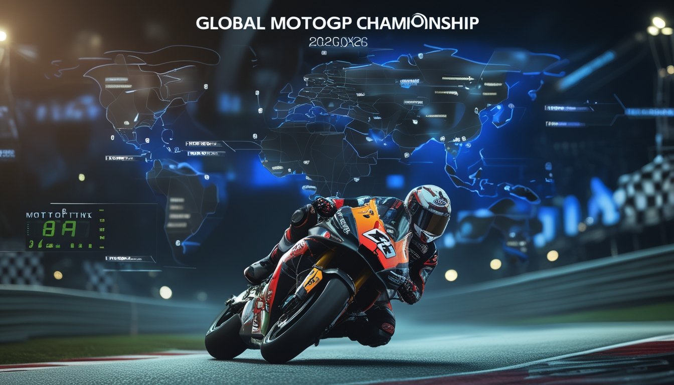Peta dunia dengan sirkuit balap MotoGP yang menonjol dan seorang pembalap motor sedang menikung tajam di lintasan balap.