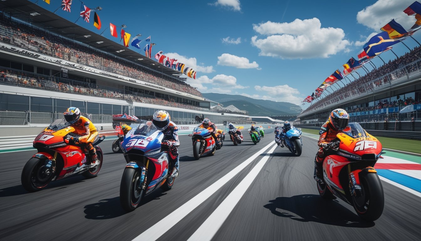 Beberapa pembalap MotoGP sedang balapan di sirkuit internasional dengan penonton di tribun dan pemandangan latar yang menunjukkan berbagai lokasi dunia.