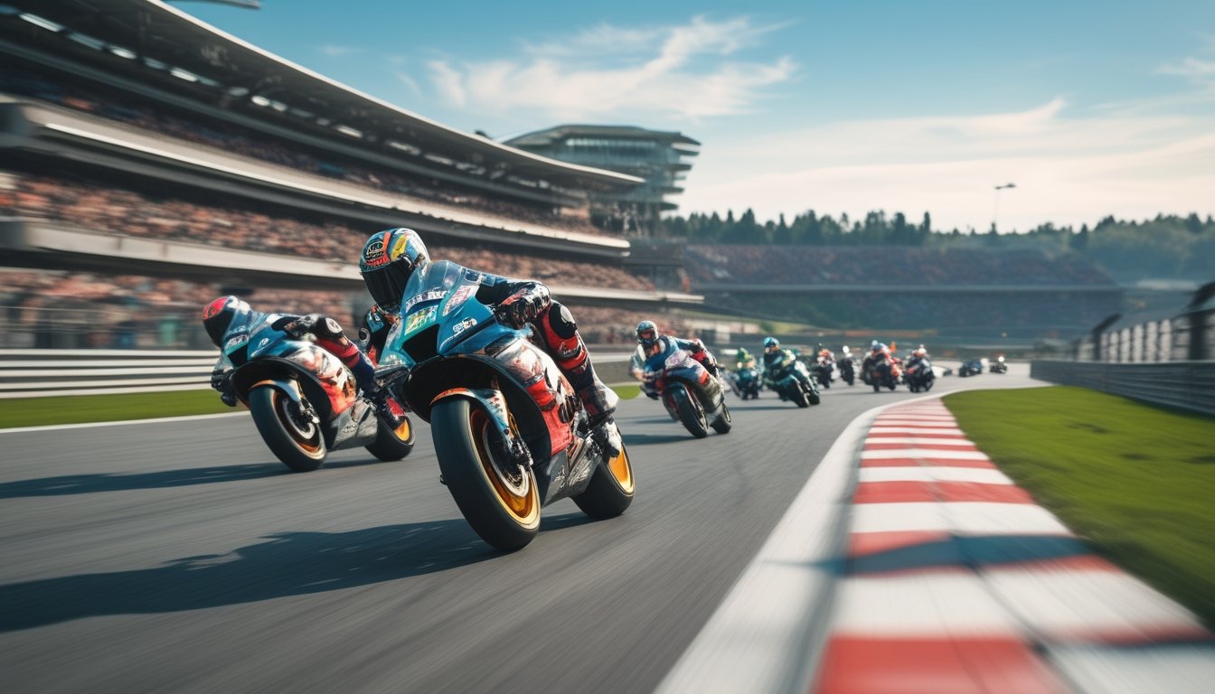 Beberapa pembalap MotoGP sedang berlomba dengan kecepatan tinggi di lintasan balap yang melengkung, di depan penonton yang ramai.