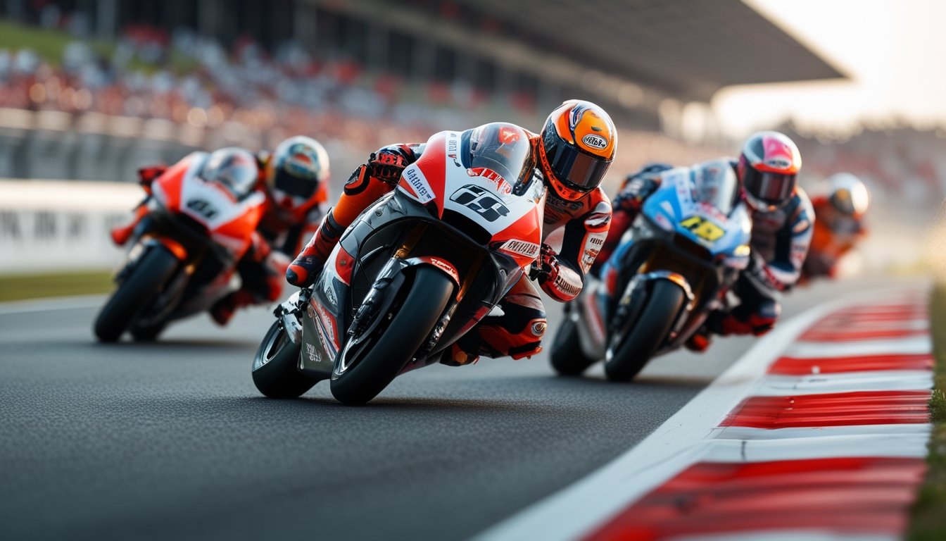 Beberapa pembalap MotoGP sedang melaju cepat di tikungan lintasan balap dengan penonton di latar belakang.