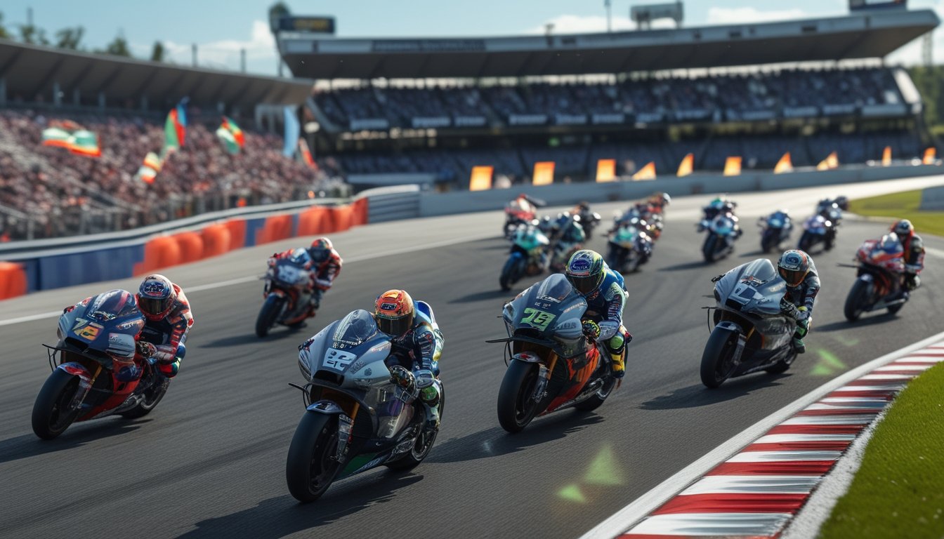Beberapa pembalap MotoGP sedang balapan di lintasan dengan penonton di tribun dan suasana cerah.