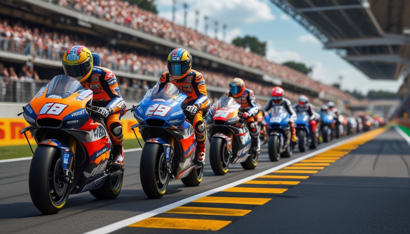 Beberapa pembalap MotoGP dengan motor balap mereka sedang bersiap di lintasan balap dengan penonton di latar belakang.