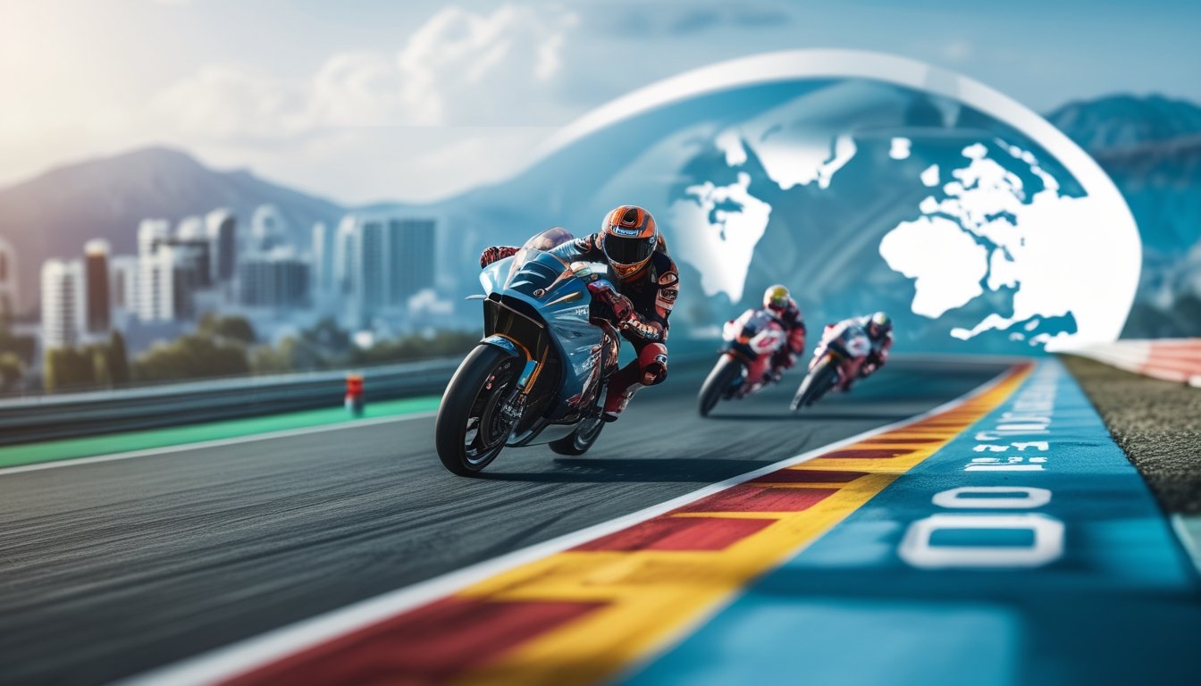 Motor balap MotoGP melaju di lintasan dengan latar berbagai pemandangan dari lima benua yang berbeda.