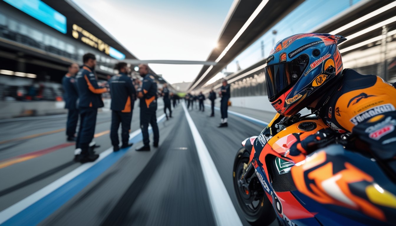 Sepeda motor balap MotoGP futuristik di lintasan dengan tim teknisi dan mekanik yang berdiskusi serius di pit lane.