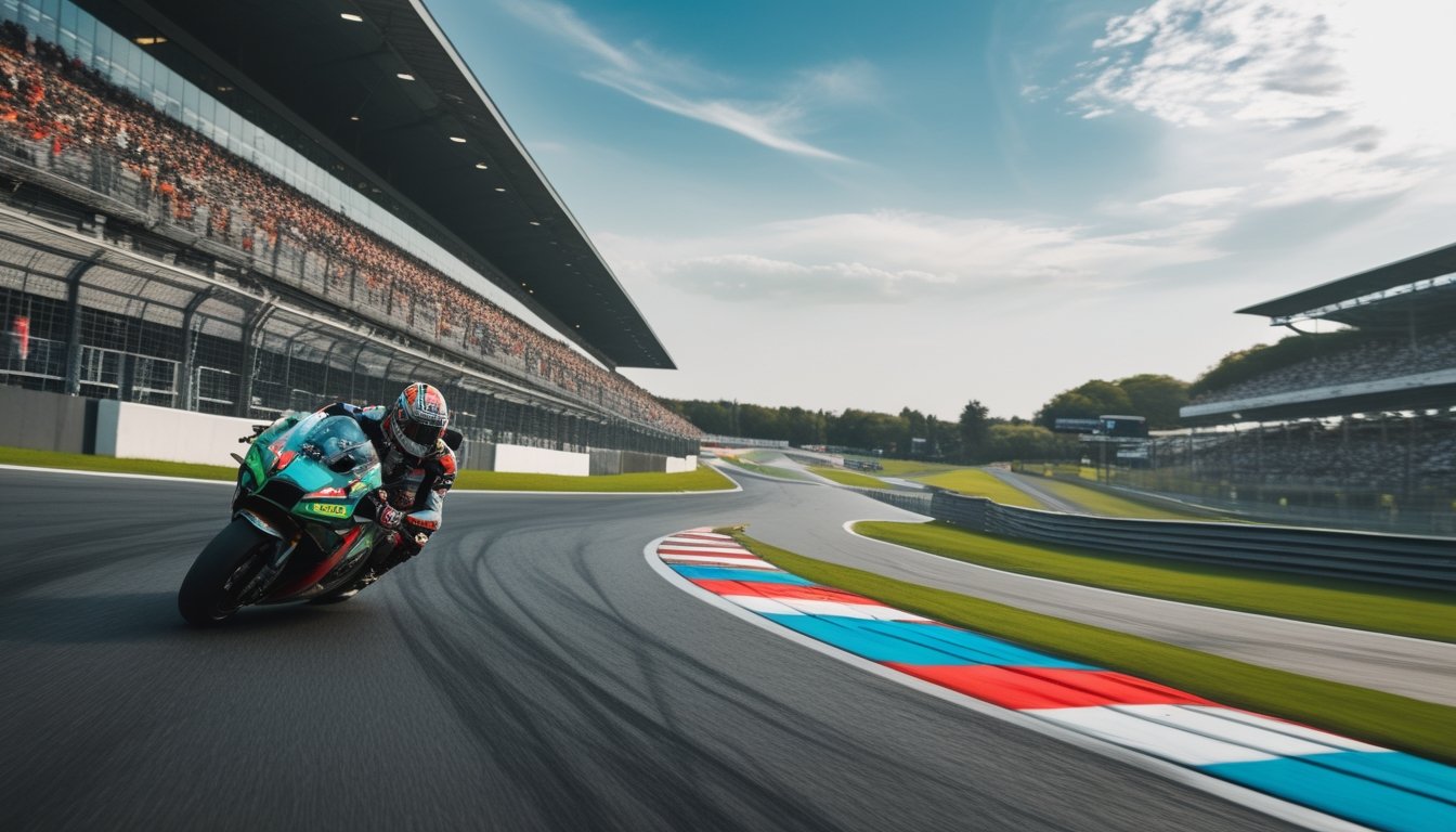 Motor balap sedang melaju kencang di tikungan tajam sirkuit MotoGP dengan penonton di latar belakang.