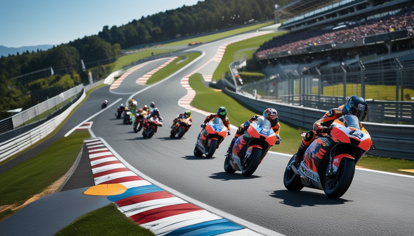 Pemandangan sirkuit MotoGP dengan motor balap yang sedang melaju di tikungan tajam, dikelilingi oleh penonton dan pepohonan.