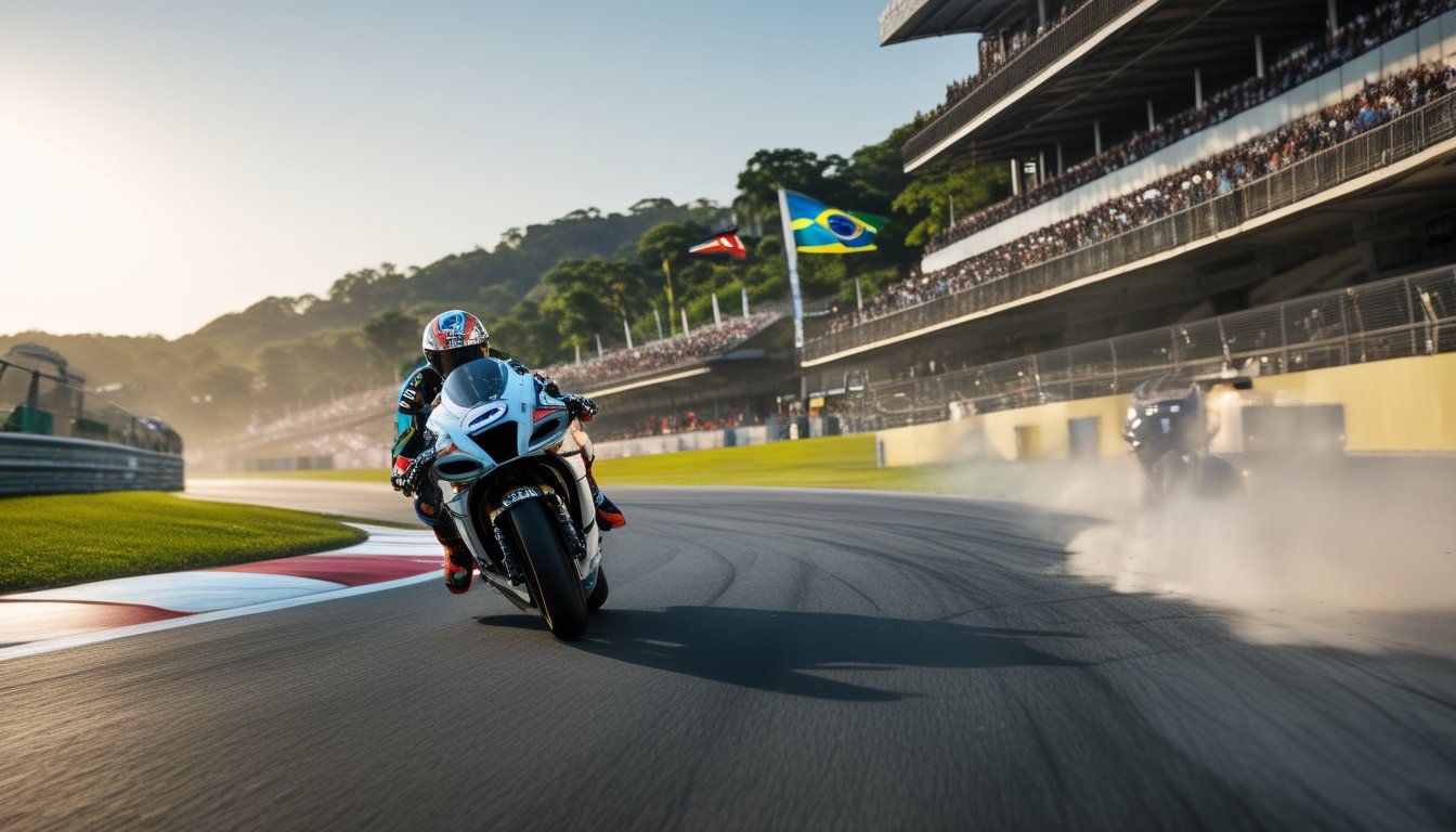 Seorang pembalap MotoGP sedang menikung tajam di lintasan balap dengan penonton yang melambaikan bendera Brasil di latar belakang.